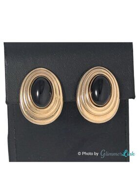 Vintage 14K Gold Filled Carla Oval Black Cabochon Clip On Earrings